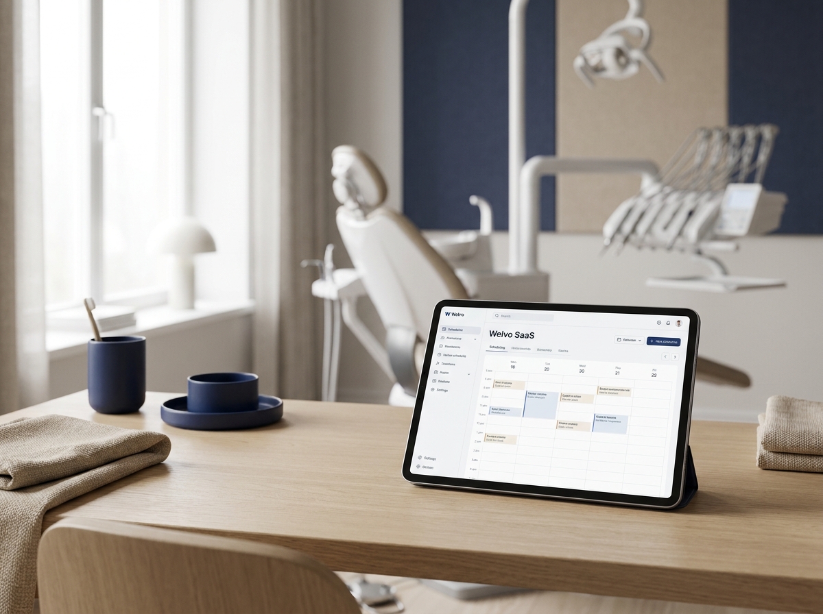 Welvo SaaS-schema på tablet i tandklinikens reception